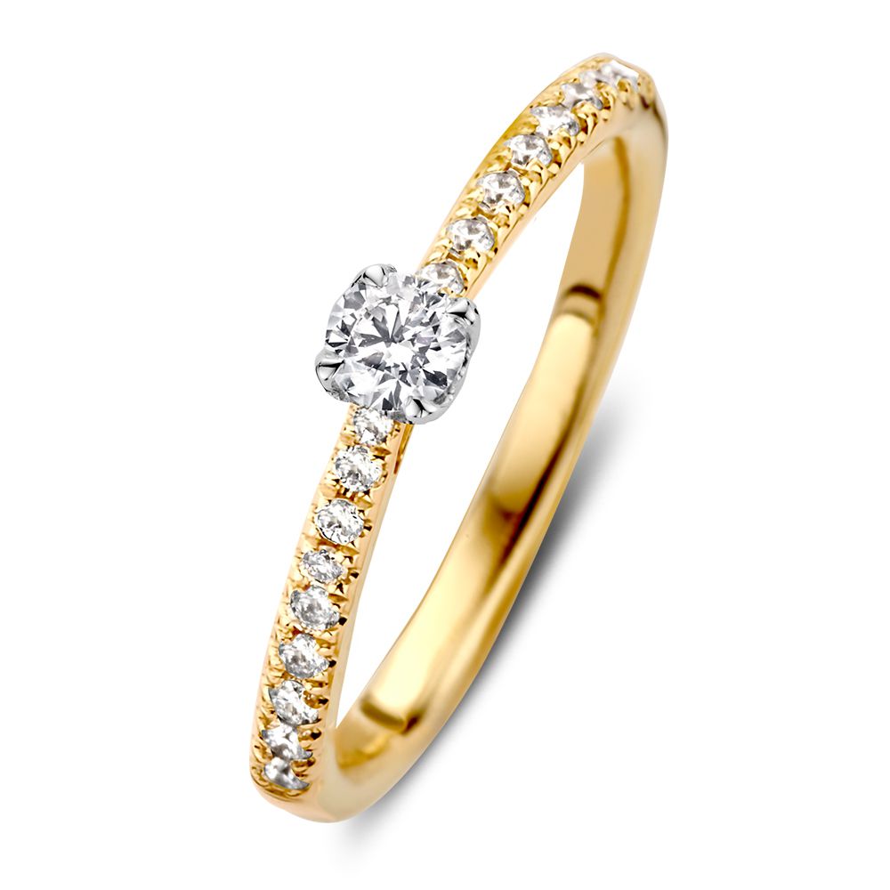 Bicolor Solitärring aus Gold mit 0,35 ct brillantgeschliffenem Diamanten und kleinen weißen Steinen