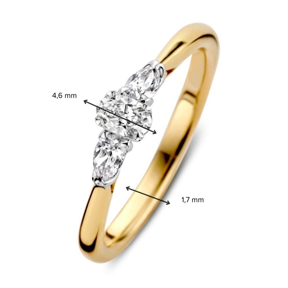 Eleganter Bicolor-Goldring mit ovalgeschliffenem Zentraldiamanten und zwei birnenförmigen Seitenfassungsdiamanten (0,35 Karat Gesamtgewicht)