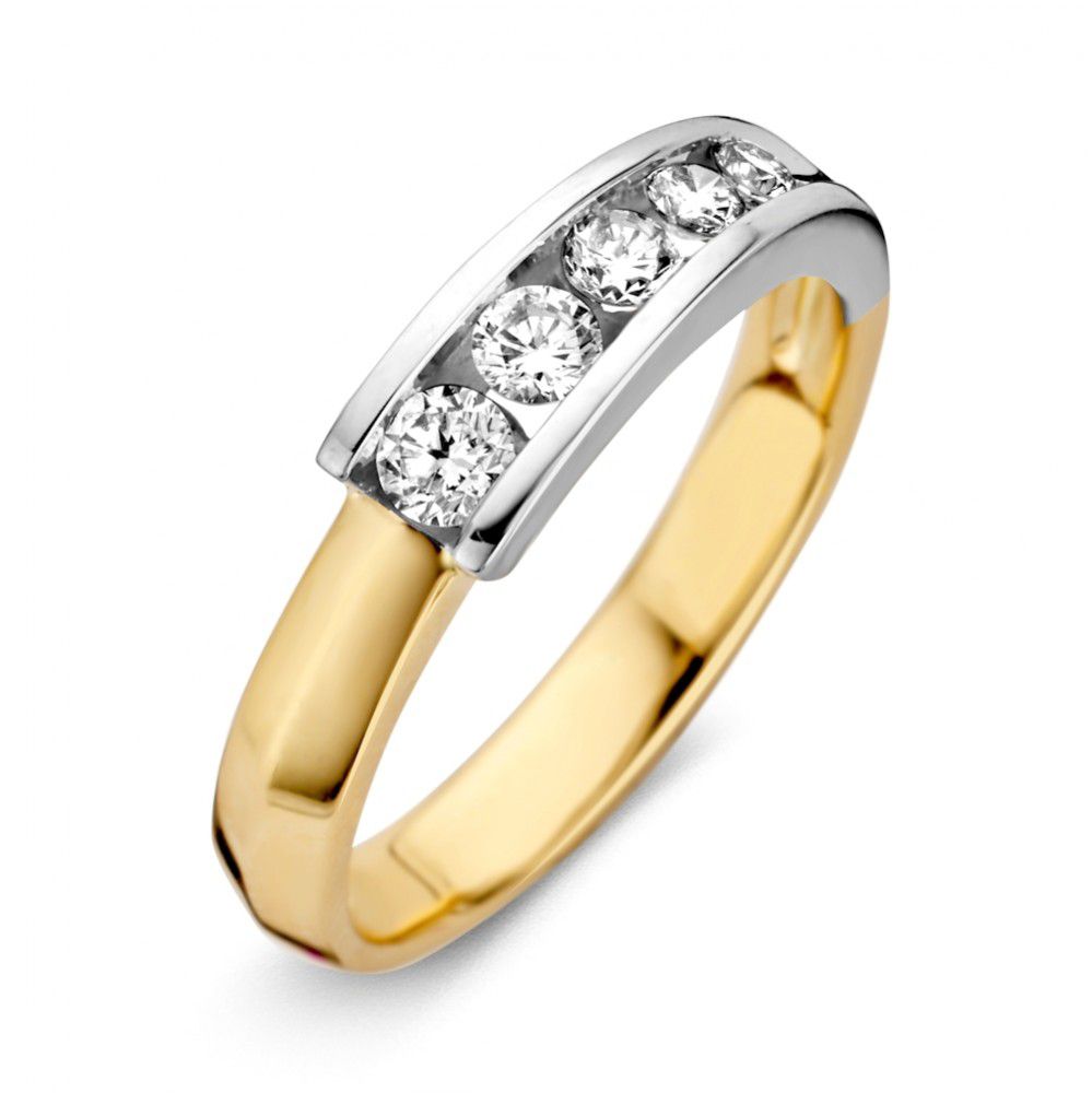 Bicolor Damenring aus 14 Karat Gold mit fünf Brillanten (0,41 ct) in einer geschwungenen Form