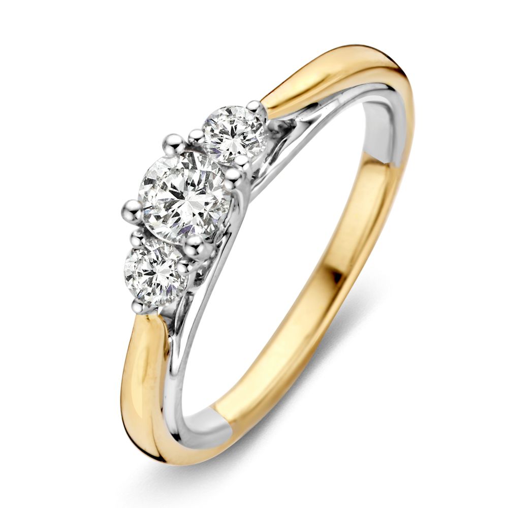 Bicolor Damenring aus Gelbgold und Weißgold mit drei Diamanten (0,51 ct) in geschwungener Form
