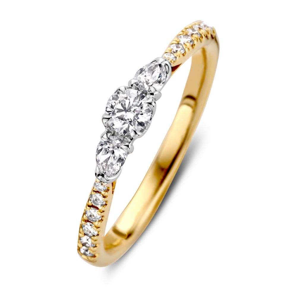 Driesteensring aus Bicolor Gelbgold und Weißgold mit Diamanten, mittlerer Stein und feinen Details