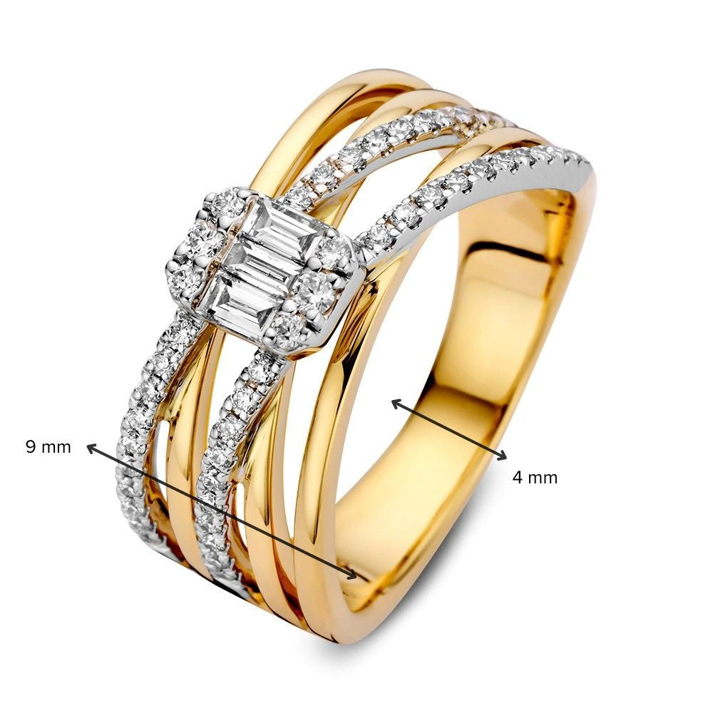 Luxuriöser Crossover-Ring mit 0,53 ct Baguette- und Brillantschliff-Diamanten in 14k Gelb-/Weißgold
