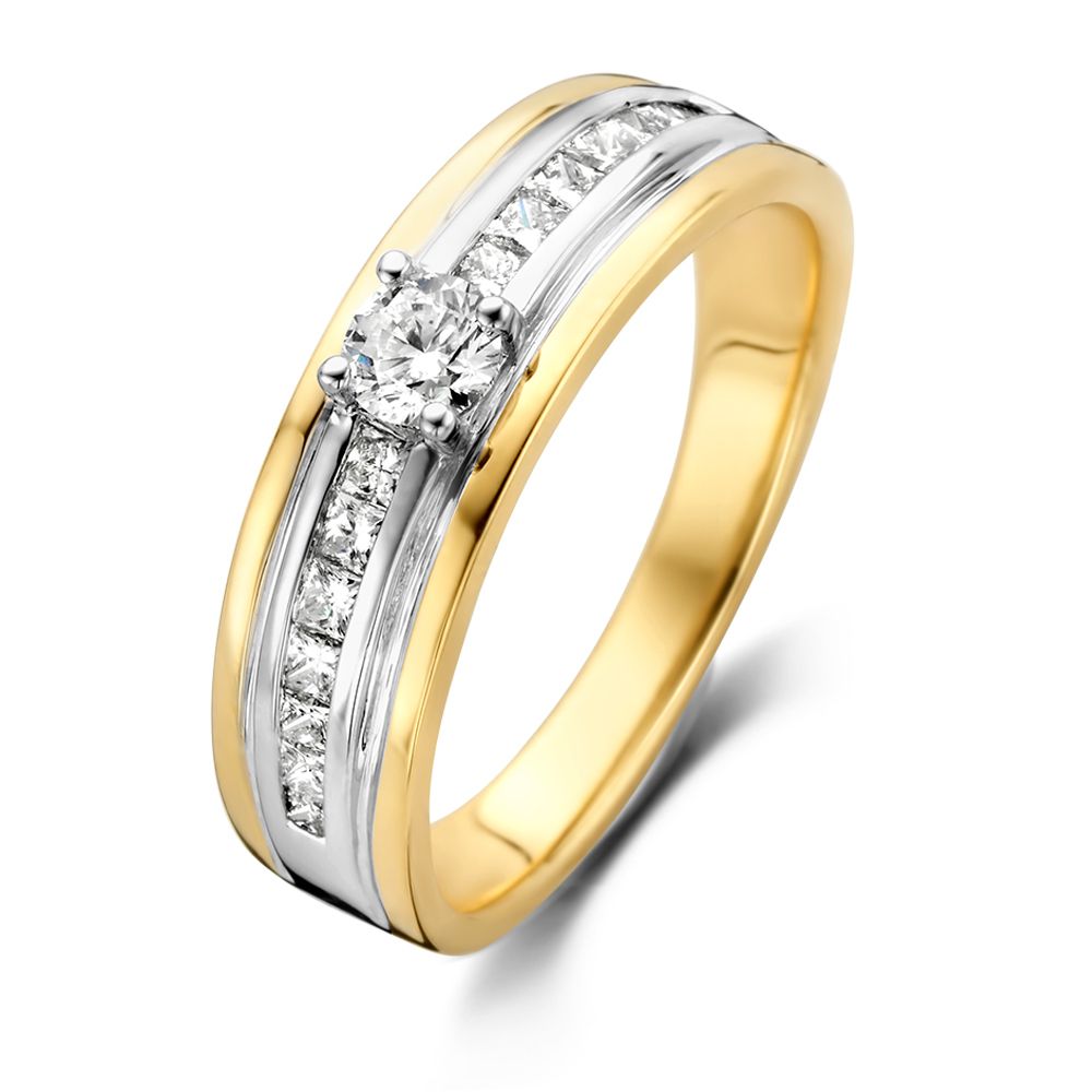 Damenring mit gelbgoldenem Band und Brillant-Diamant 0,54 ct sowie weißen Zirkonia-Steinen