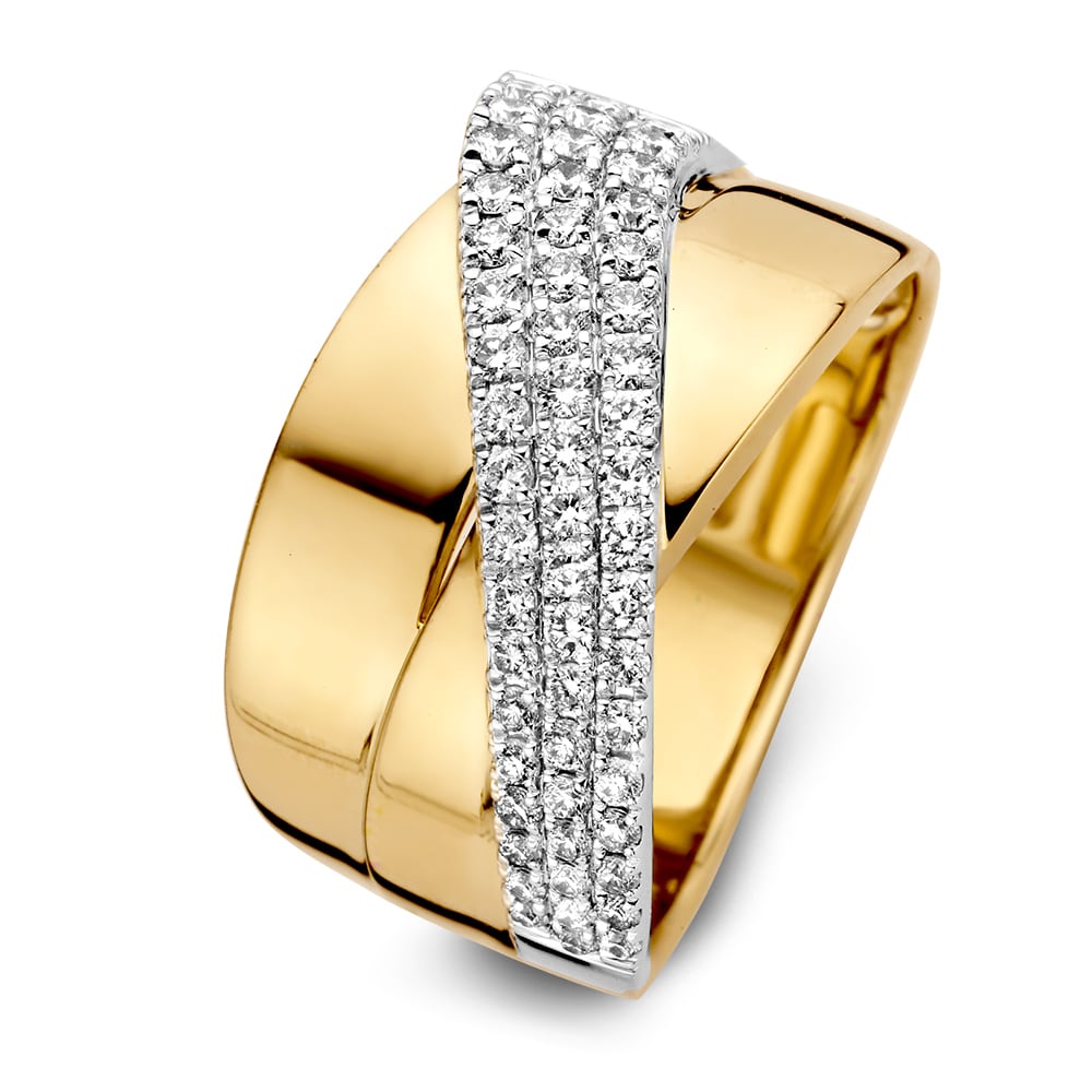 Breite bicolor Ring aus Gelbgold und Weißgold mit Diamant-Pavé-Besatz 0,56 ct