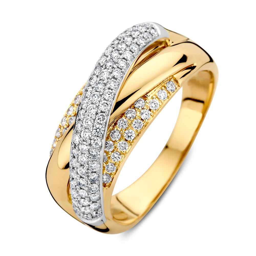 Bicolor Ring aus Weiß- und Gelbgold mit Pavé-Diamanten in geschwungener Form