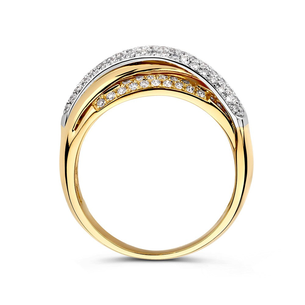 Prächtiger Bicolor Weiß- und Gelbgold Crossover Ring mit Pavé Diamanten