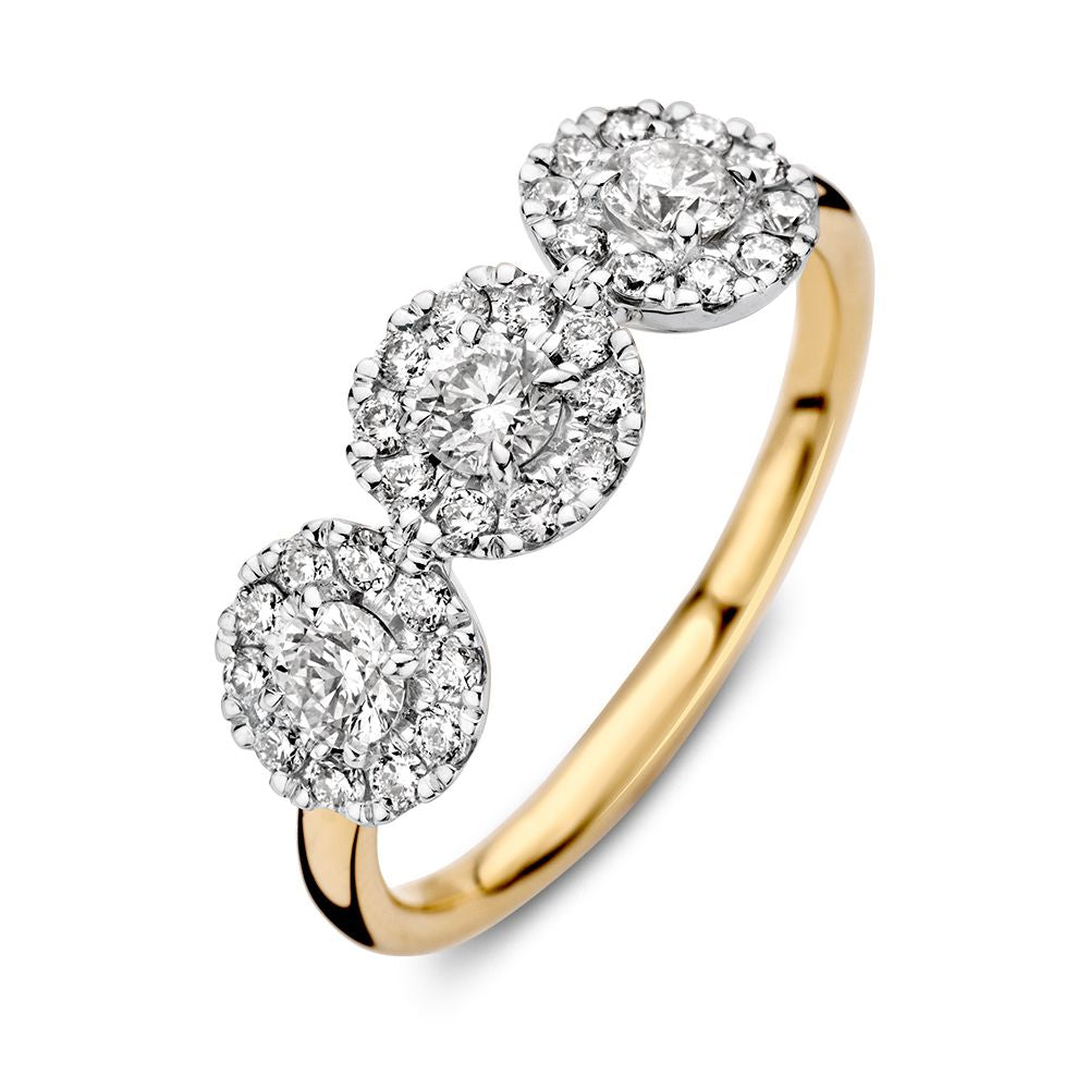 Bicolor Ring aus 14 Karat Gold mit drei runden Diamanten, insgesamt 0,81 ct, H/SI-1