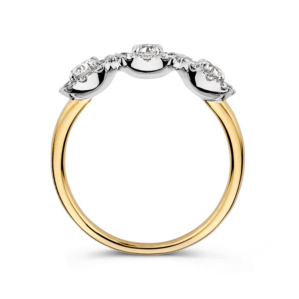 Bicolor-Gold Dreisteinring mit Diamanten 0.81ct H/SI-1 14 Karat