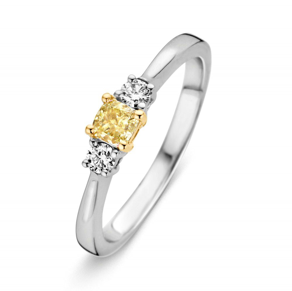 Damenring aus 14-karätigem Weißgold mit einem gelben Cushion-Diamanten und zwei weißen Brillanten