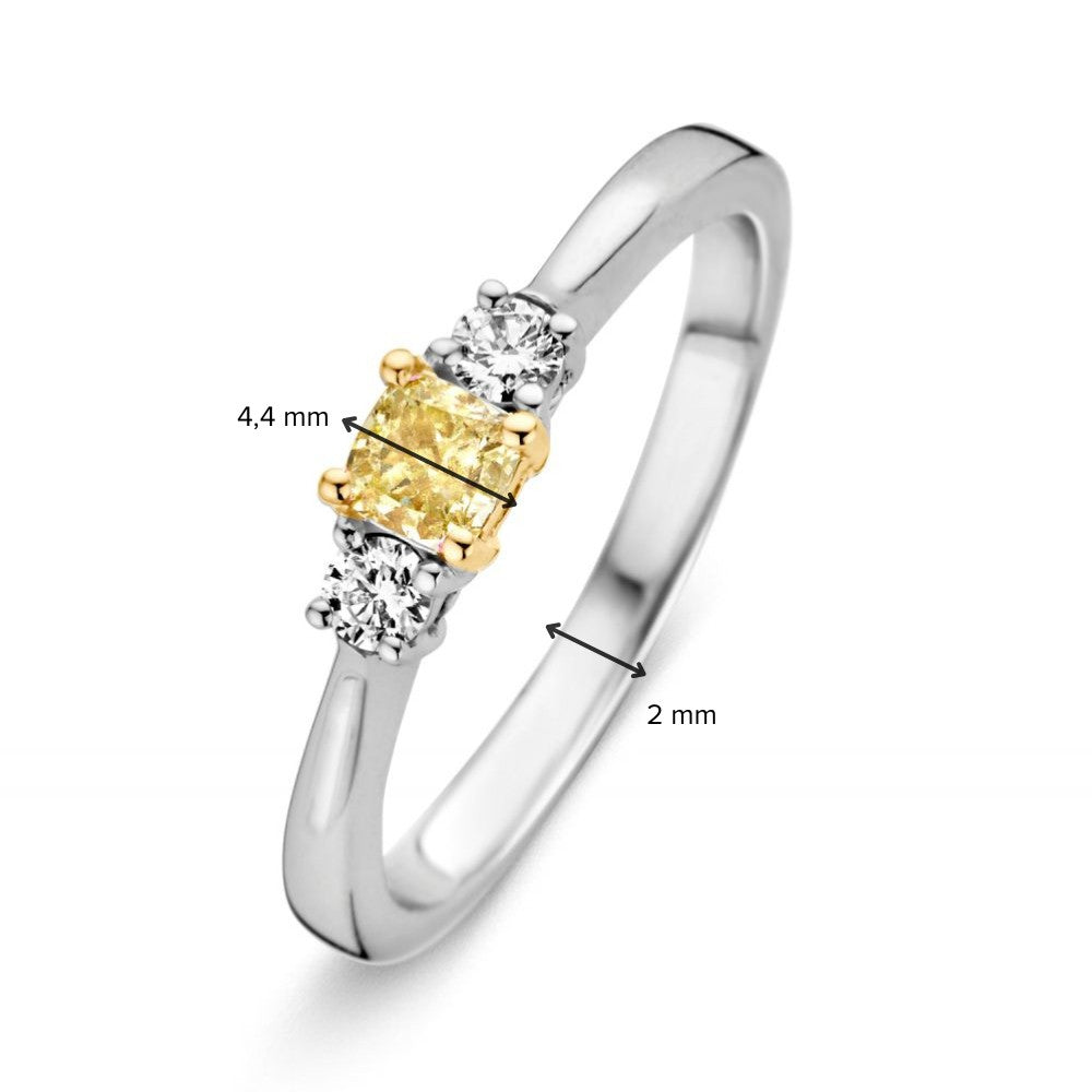 Damenring aus 14 Karat Weißgold mit Cushion-Schliff gelbem Diamanten und Brillanten