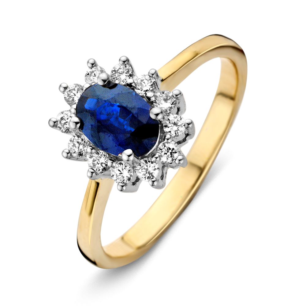 14-karätiger klassischer Goldring mit blauem Saphir und Diamanten in blütenförmiger Fassung