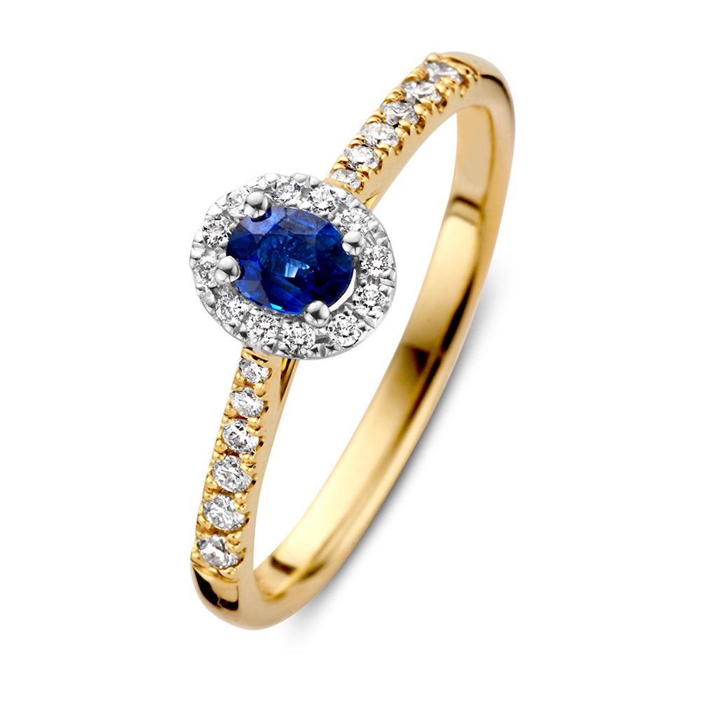 Bicolor Damenring aus 14-Karat Gold mit ovalem blauen Saphir und Diamanten-Halo
