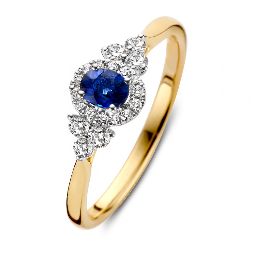 Bicolor Damenring aus 14-karätigem Gold mit blauem Saphir und Vintage-Diamantenfassung