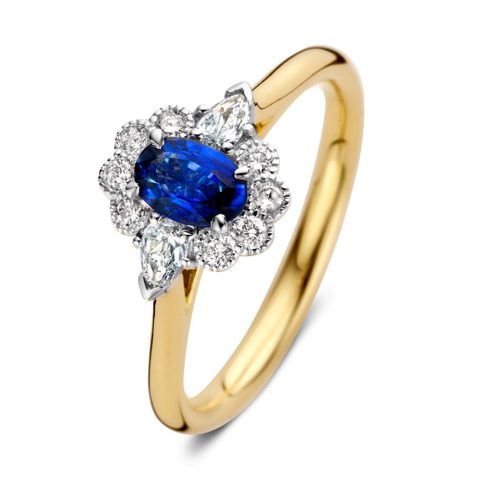 Damenring aus 14-karätigem Gold mit ovalem blauen Saphir und Diamanten-Halo