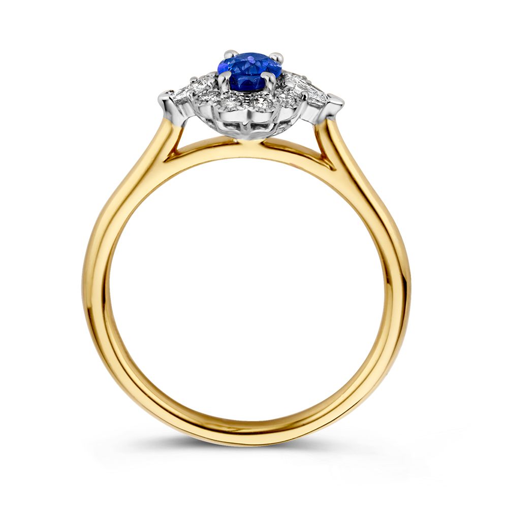Damenring aus 14 Karat Gold mit ovalem blauem Saphir und Diamanten-Halo