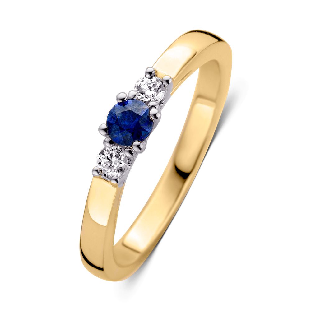 Dreisteinring aus 14-karätigem Gold mit blauem Saphir und zwei Brillanten