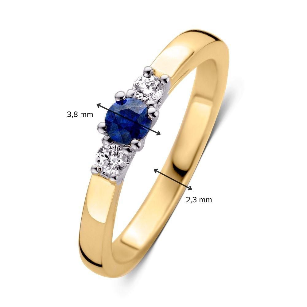 14-karätiger klassischer Drei-Stein-Ring mit blauem Saphir und Brillanten