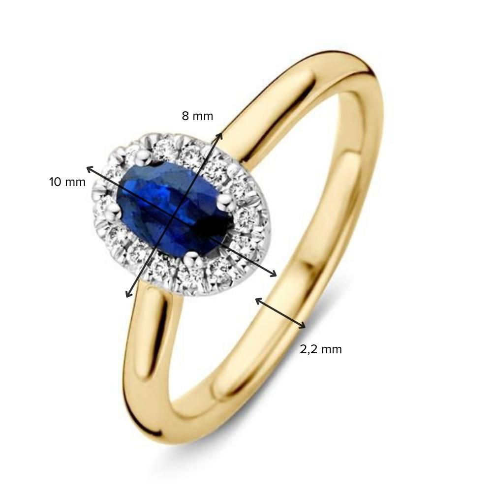Damenring aus 14 Karat Gold mit blauem Saphir und Diamanten-Halo