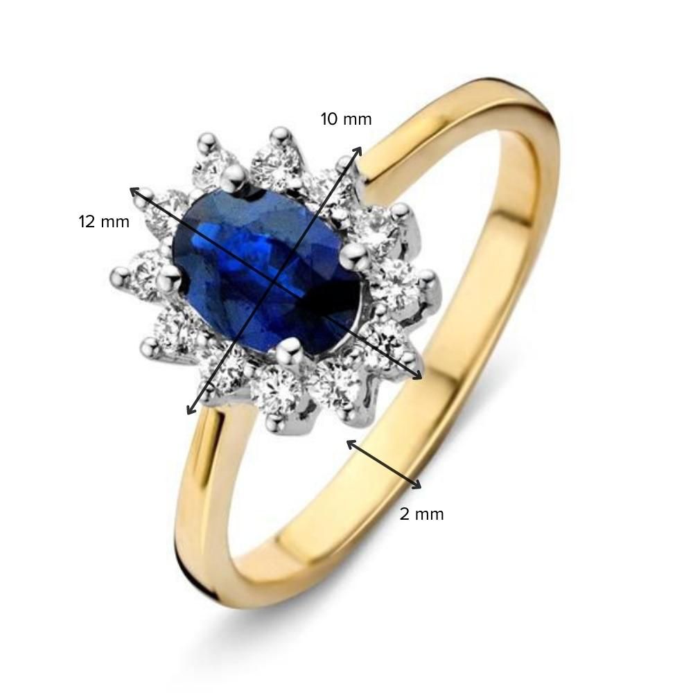14-Karat klassischer Goldring „Lady Di“ mit blauem Saphir und Diamanten