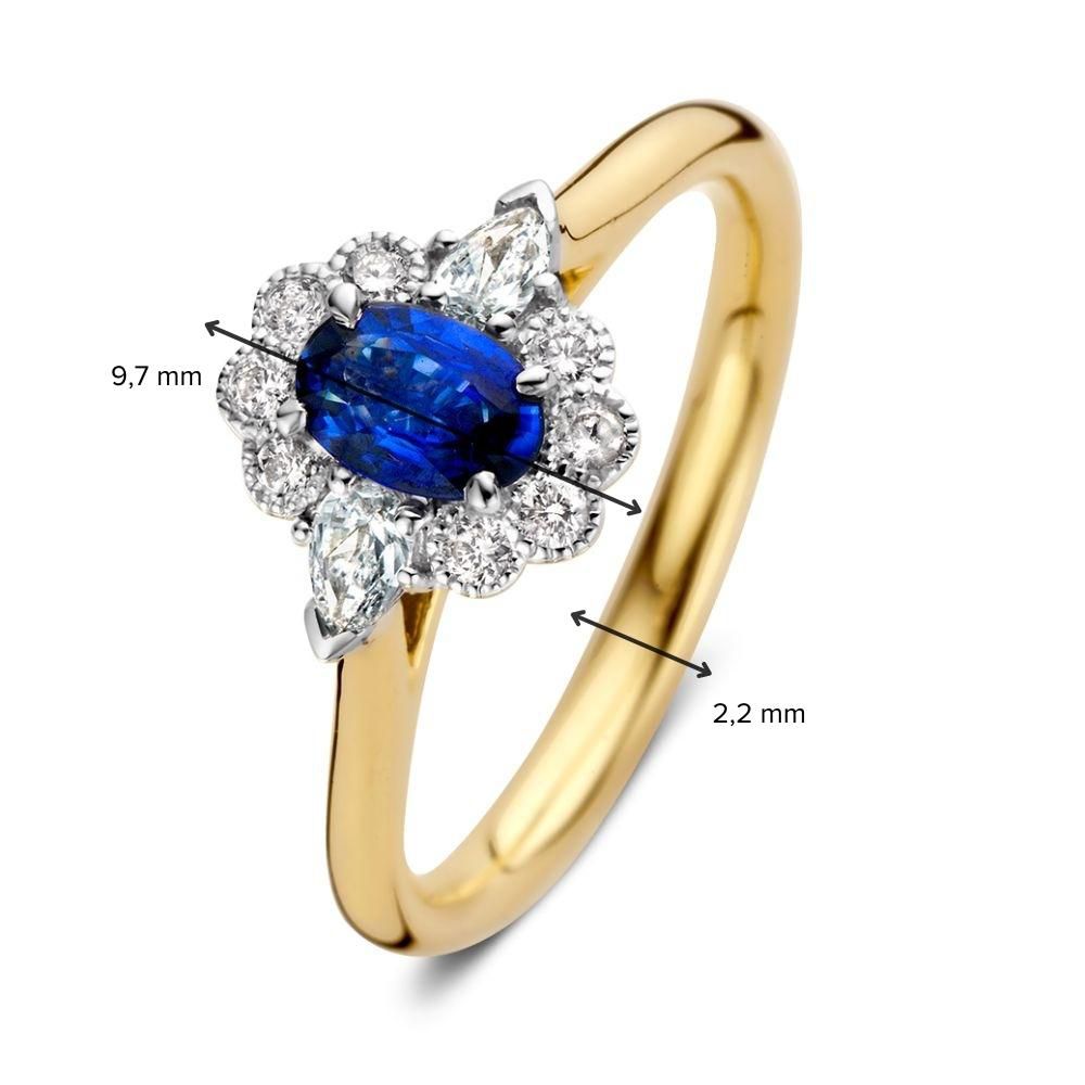 Damenring aus 14 Karat Gold mit ovalem blauem Saphir und Diamanten-Halo