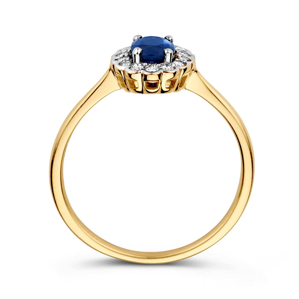 Klassischer goldener Entourage-Ring mit blauem ovalem Saphir und 0,18 Karat Diamanten