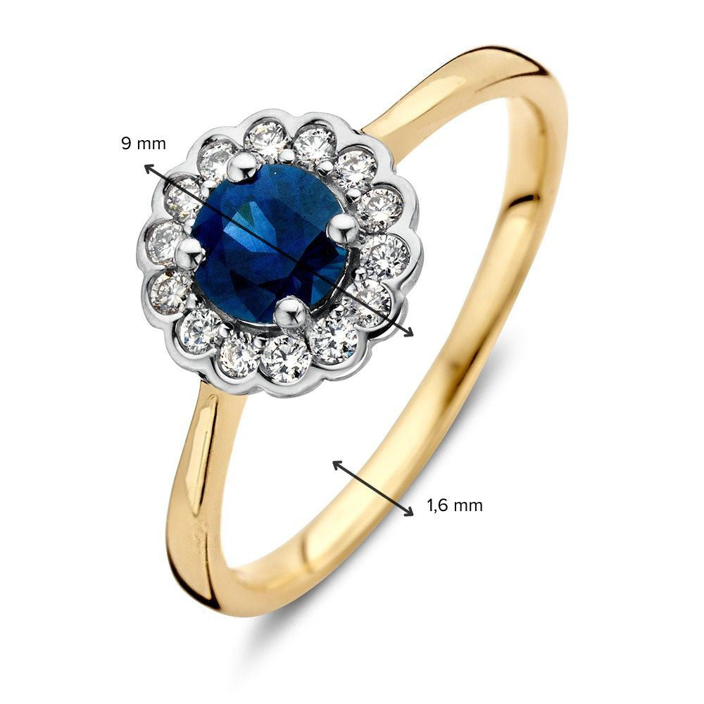 Klassischer Gold-Entourage-Ring mit rundem blauen Saphir und 0,18 ct Diamanten
