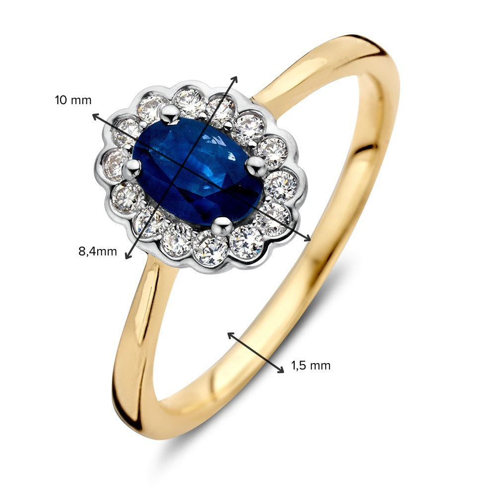 Klassischer goldener Entourage-Ring mit blauem ovalem Saphir und 0,18 Karat Diamanten