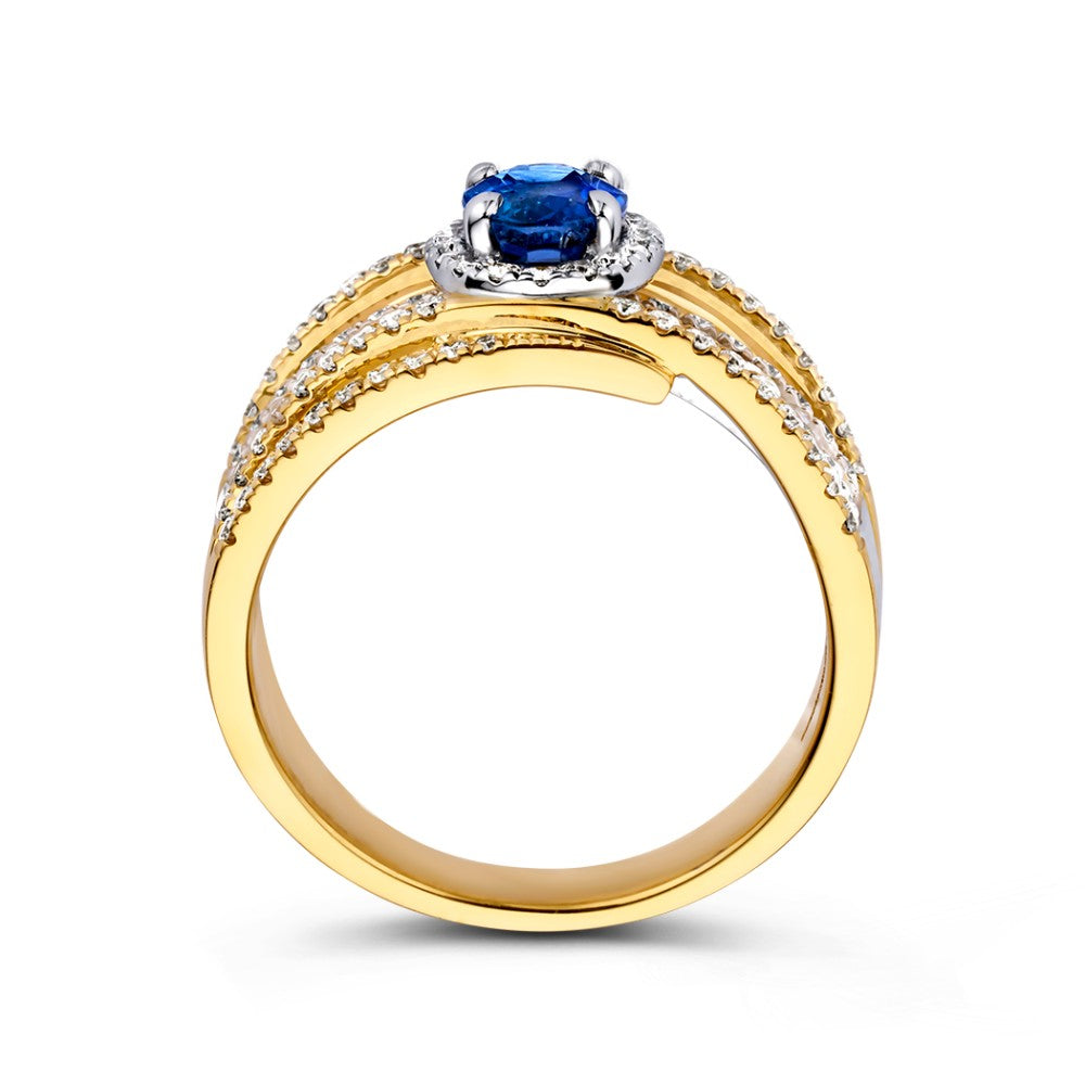 Luxuriöser Goldring mit königsblauem ovalen Saphir und 1,07 Karat Diamanten