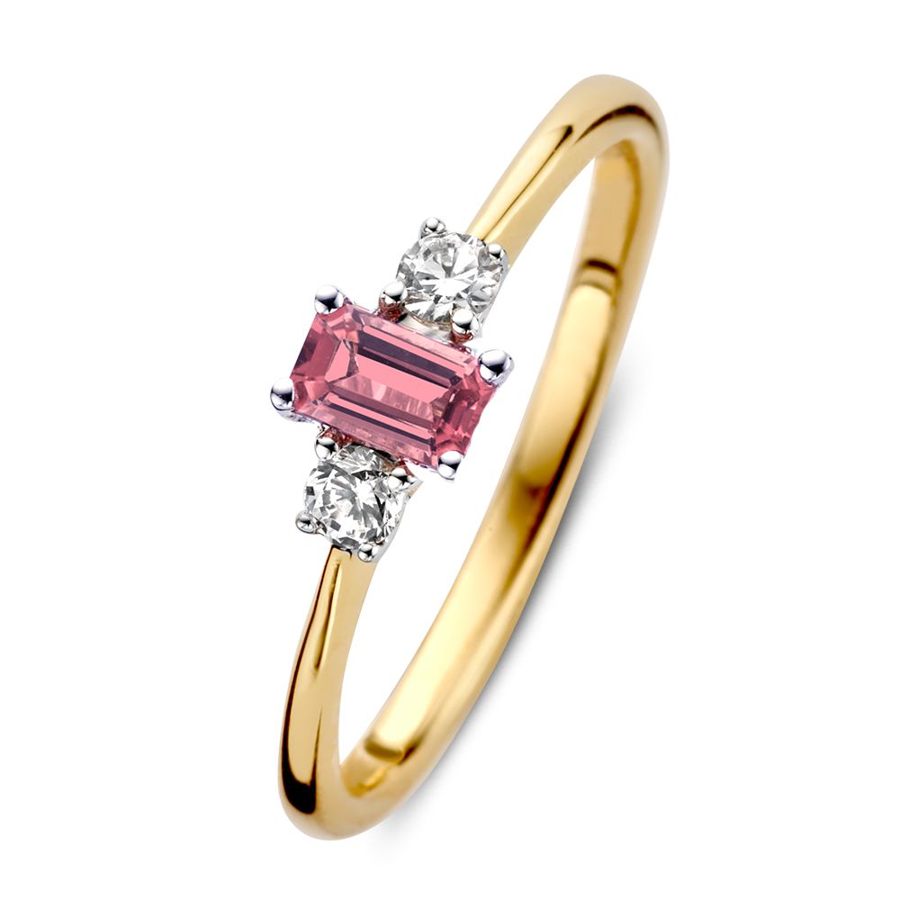 Bicolor Ring aus 14-Karat Gold mit rosa Baguette-Turmalin und zwei Diamanten