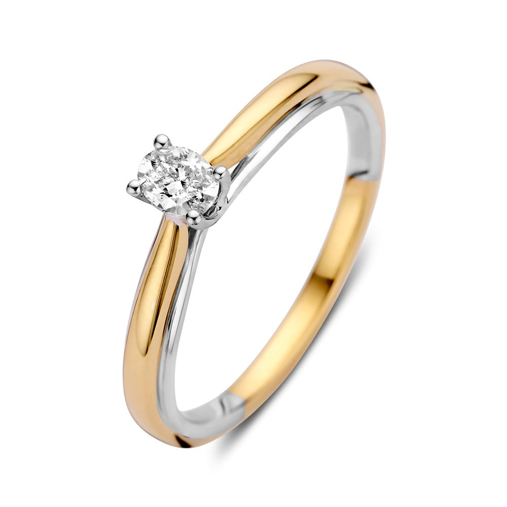 Bicolor Gold Solitaire-Ring mit ovalem Diamanten 0,19 ct und schmalem, glänzendem Band