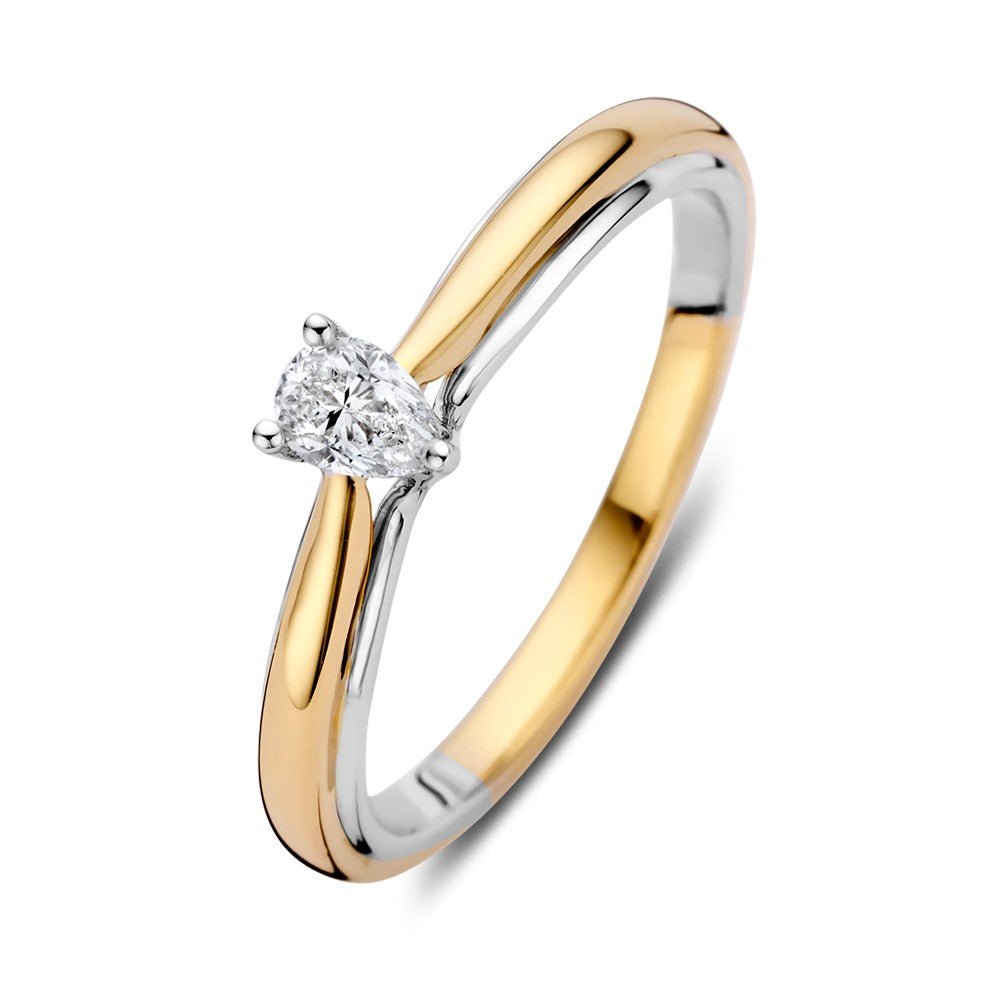 Bicolor Gold Solitaire Ring mit birnenförmigem Diamanten 0,23 ct und glattem, glänzendem Band
