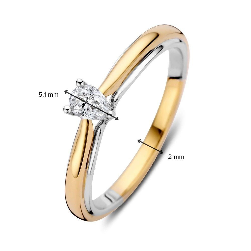 14k Gold Bicolor Solitärring mit tropfenförmigem Diamant 0.23ct