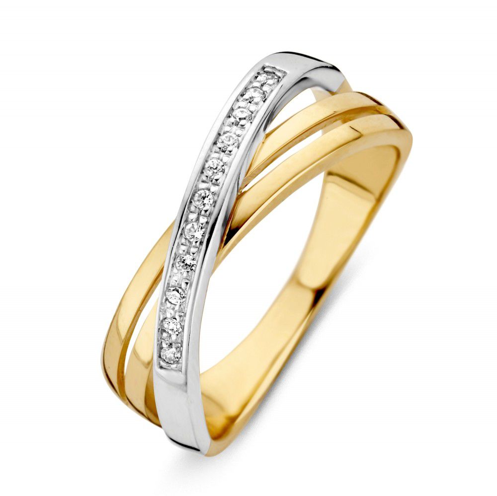 Bicolor Ring mit Zirkonia, bestehend aus gelbem und silbernem Metall, mit funkelnden Steinen in der Mitte