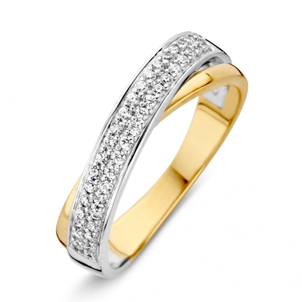 Bicolor Damenring aus 14 Karat Weiß- und Gelbgold mit weißen Zirkonia, 5 mm breit