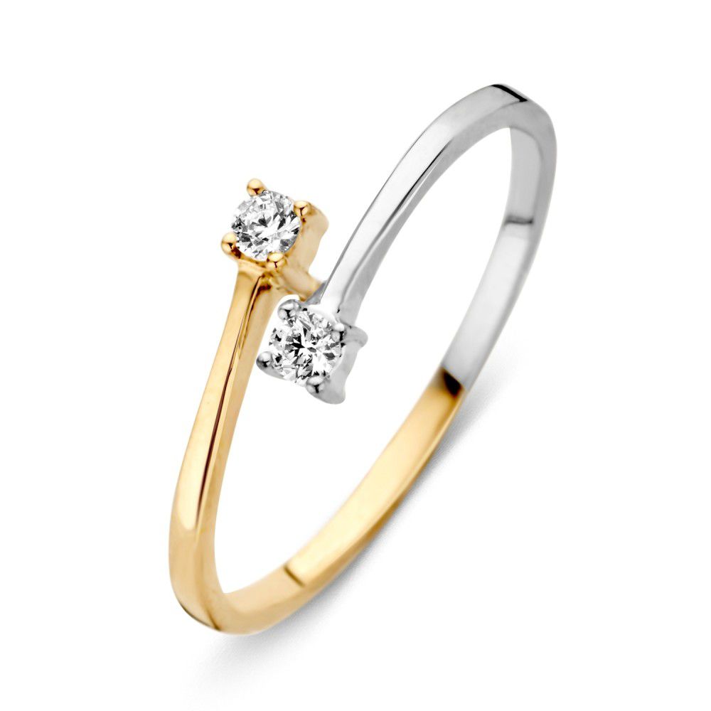Bicolor Ring aus 14 Karat Gold mit zwei weißen Zirkonia, 5,5 mm breit