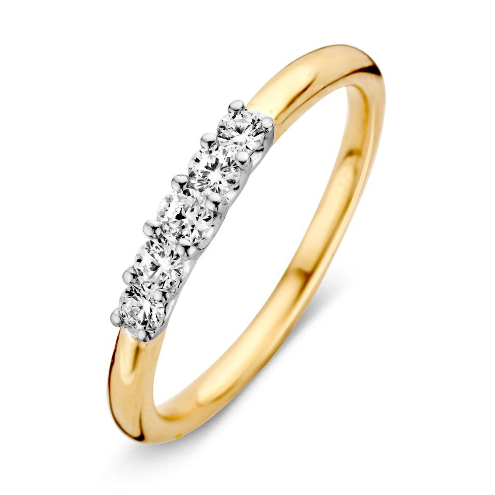 Bicolor Damenring aus 14 Karat Gold mit fünf weißen Zirkonia von 3 mm in der Fassung
