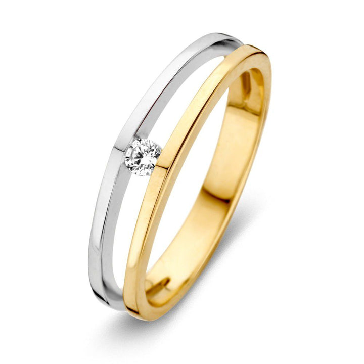 De Bicolor gouden ring met witte zirkonia 14 karaat 4.7mm van Excellent Jewelry heeft een split band ontwerp in goud en zilver, met een schitterende witte zirkonia tussen de banden voor tijdloze elegantie.