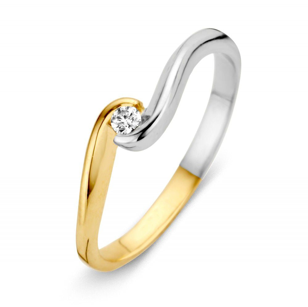 Bicolor Damenring aus 14 Karat Gold mit einem weißen und gelben Band sowie einem Zirkonia