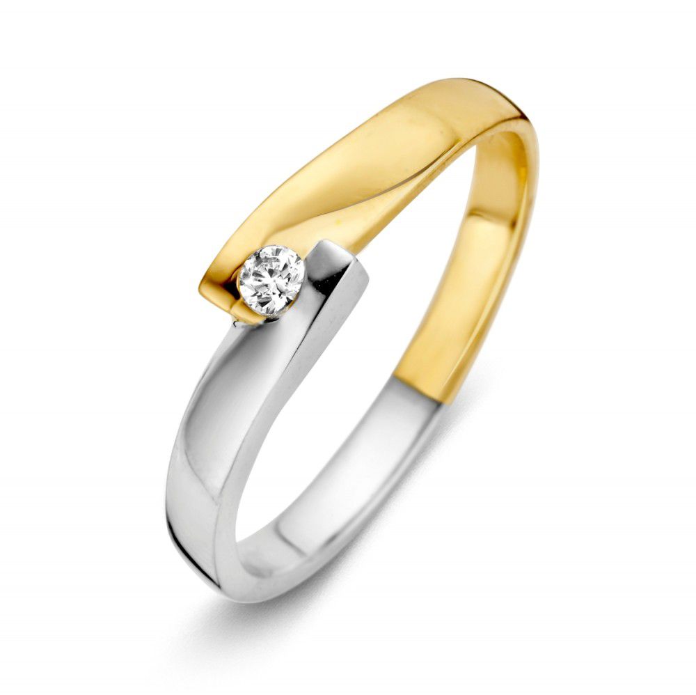 Bicolor Damenring aus 14 Karat Gelb- und Weißgold mit Zirkonia, geschwungene Form