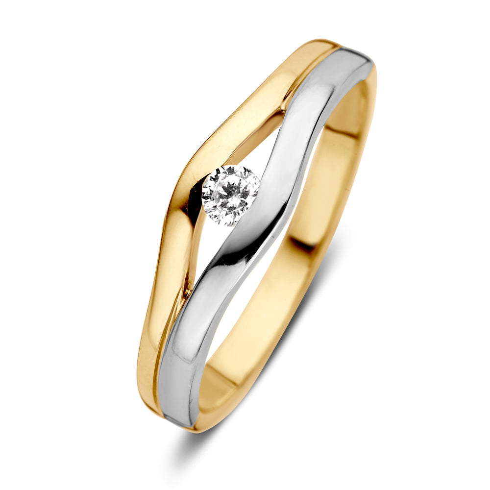 Bicolor Ring aus 14 Karat Gelb- und Weißgold mit Zirkonia, 6,3 mm breit