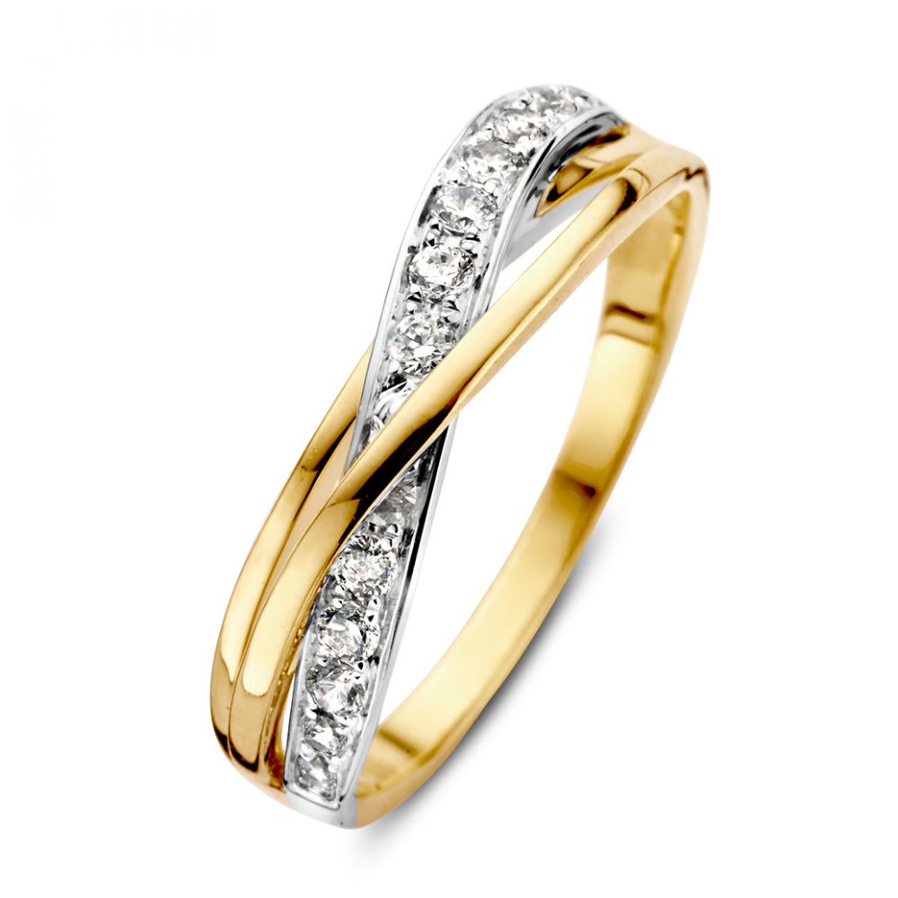 Bicolor Damenring aus 14 Karat Gelb- und Weißgold mit Zirkonia-Steinen und elegantem Design