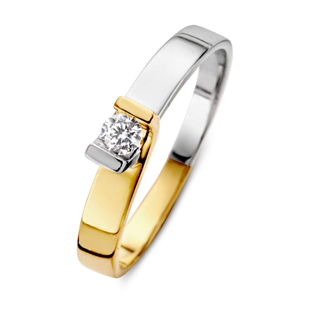 Bicolor Damenring aus 14kt Gelb- und Weißgold mit Zirkonia, schlichte Form und glänzende Oberfläche