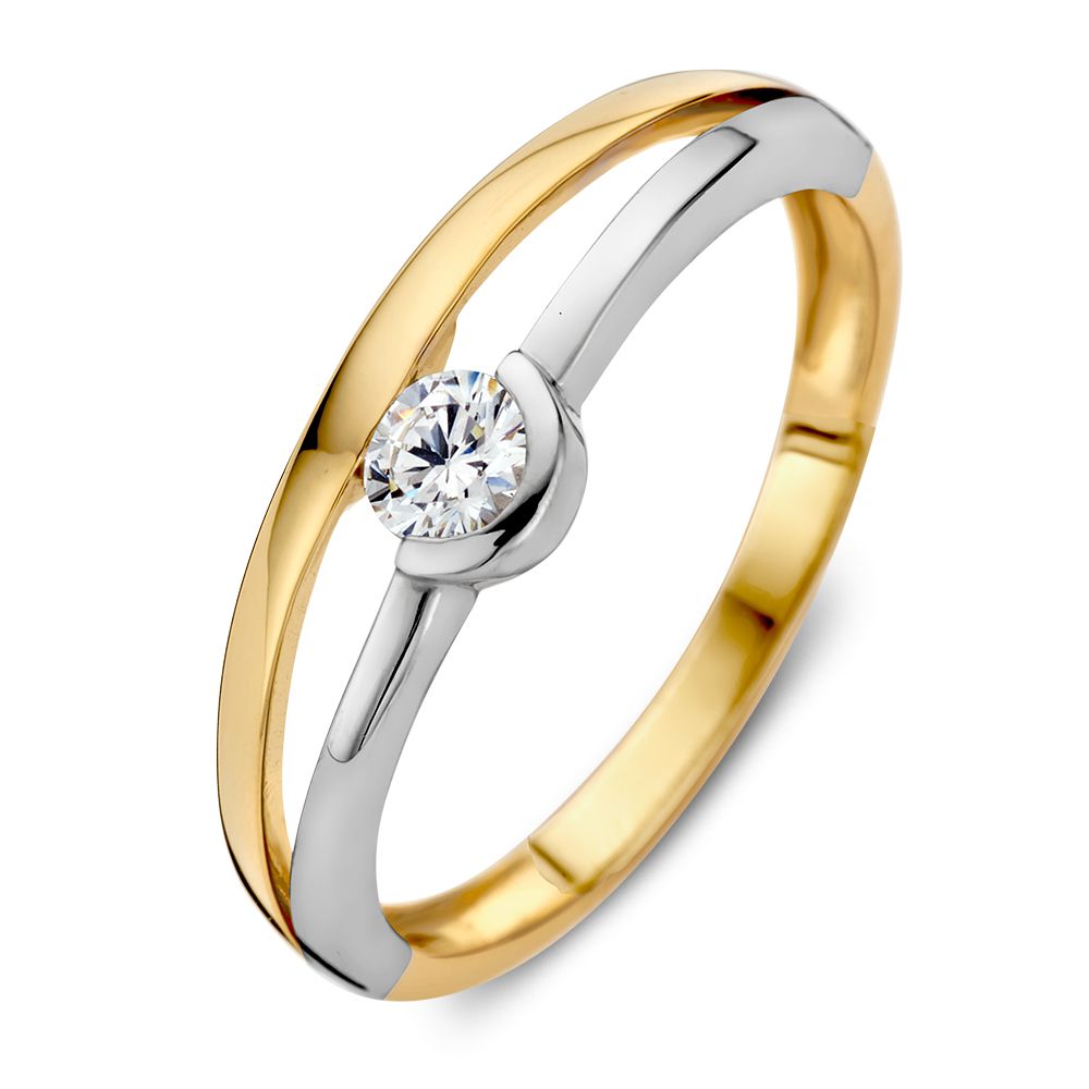 Bicolor Damenring aus 14 Karat Gelb- und Weißgold mit strahlendem Zirkonia, 6 mm breit
