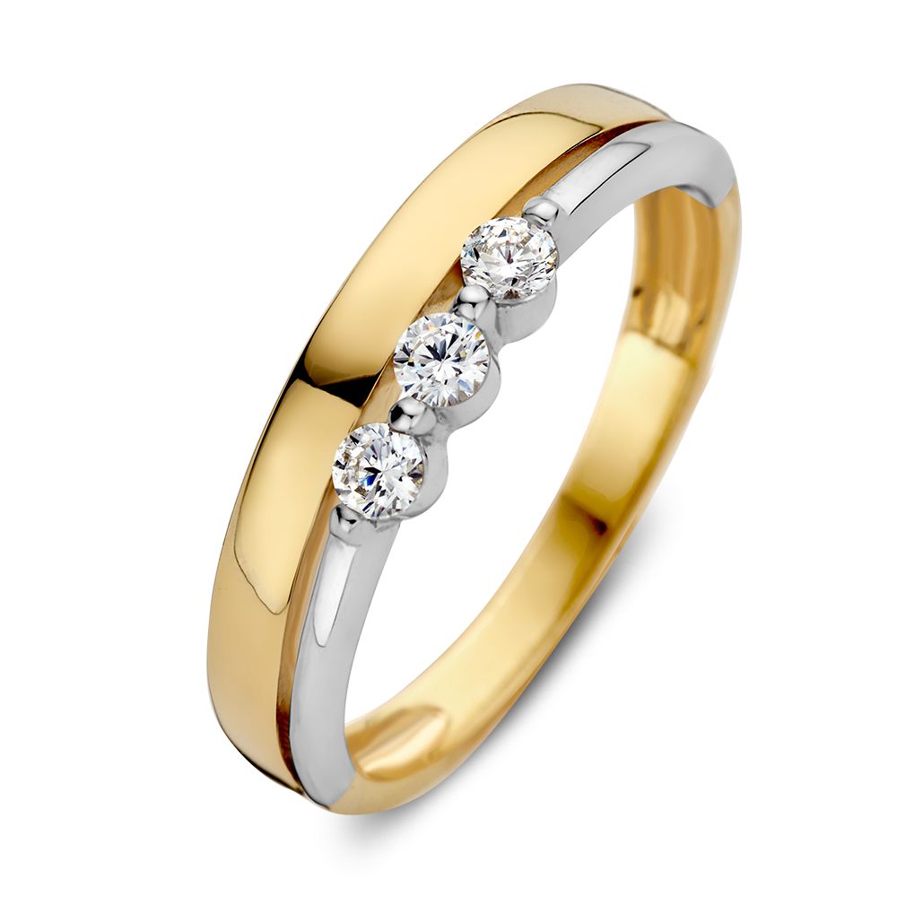 Bicolor Ring mit drei Zirkonia, goldene und silberne Oberfläche, glatte Form