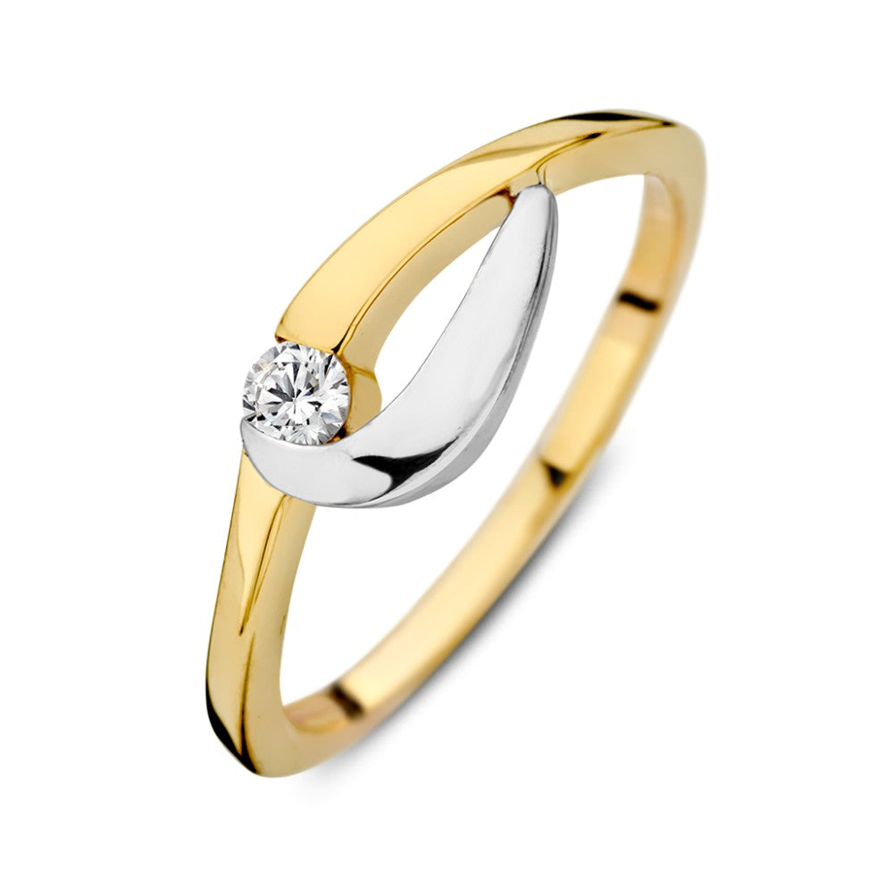 Ring aus 14 Karat Gelb- und Weißgold mit Zirkonia, 6,5 mm, geschwungene Form und glänzende Oberfläche