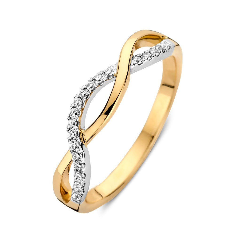 Bicolor Ring aus Weiß- und Gelbgold mit geflochtenem Band und Zirkonia-Steinen