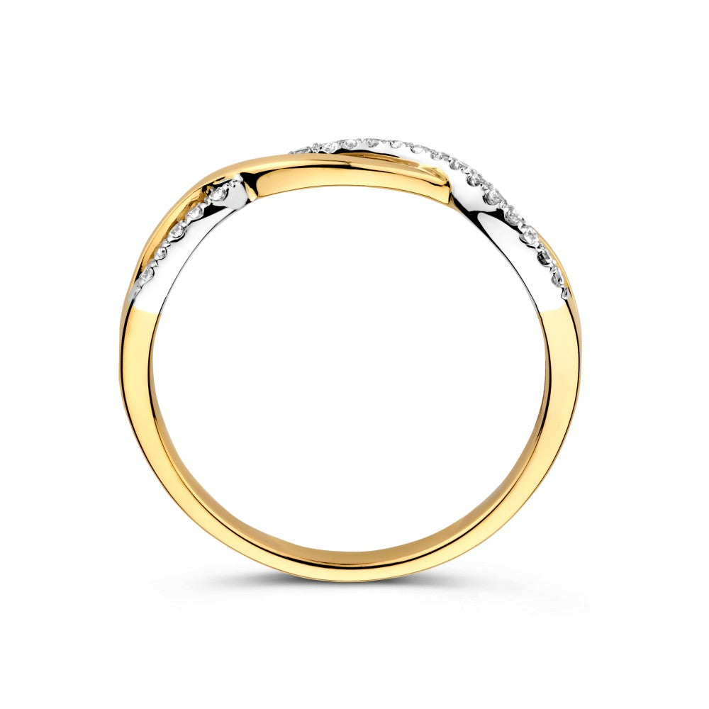 Bicolor-Ring aus Weiß- und Gelbgold mit geflochtenem Band und Zirkonia