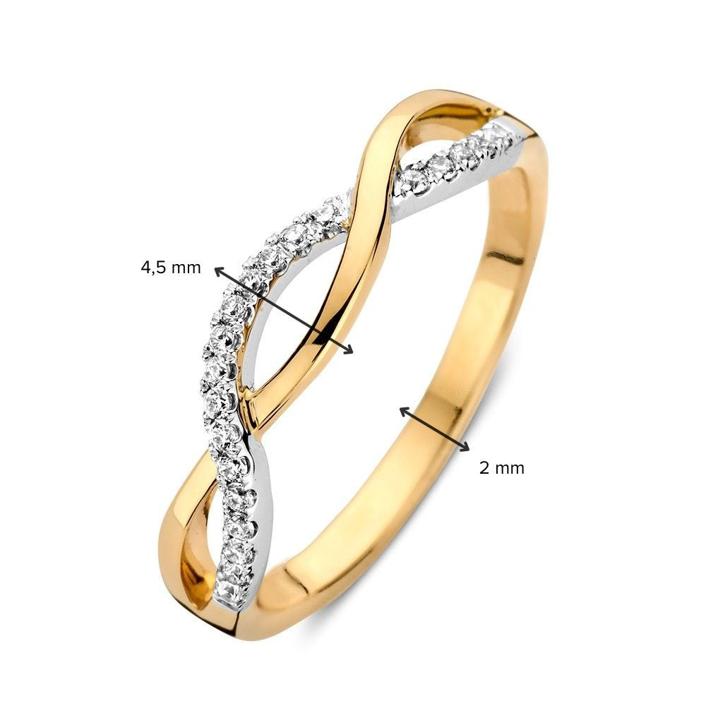 Bicolor-Ring aus Weiß- und Gelbgold mit geflochtenem Band und Zirkonia