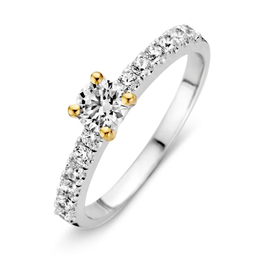 Bicolor Ring mit Zirkonia, silbernes Band mit goldenen Akzenten und einem zentralen Stein