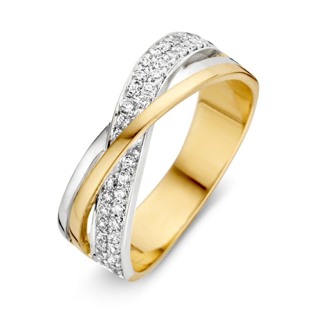 Bicolor Damenring aus 14 Karat Gold mit weißen Zirkonia und 7,3 mm Breite